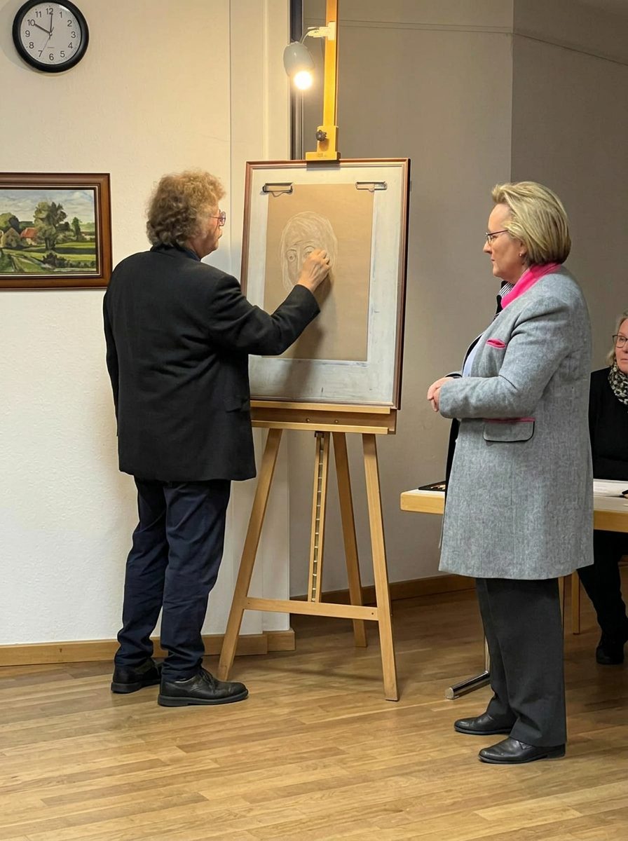 Manfred zeichnet bei einem Abend ein Portrait an der Staffelei